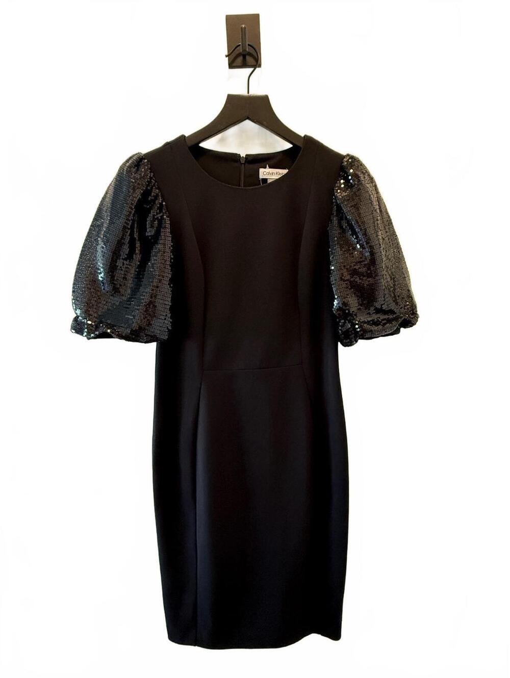 Calvin Klein Black Dress with Sequin Puff Sleeves | Size 4